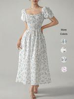 Women's Ditsy Floral Print Frill Shirred Tie Front A Line Dress, Casual Boho Romantic Puff Sleeve Square Neck Long Dress for ...