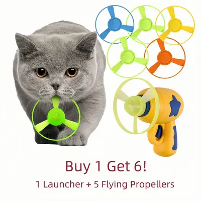 6 Pcs Cat Fetch Toy Set Launcher Gun, Flying Disc Toy, Cat Track Toy for Cat Training Hunting Chasing Interactive Cat Toys fo...