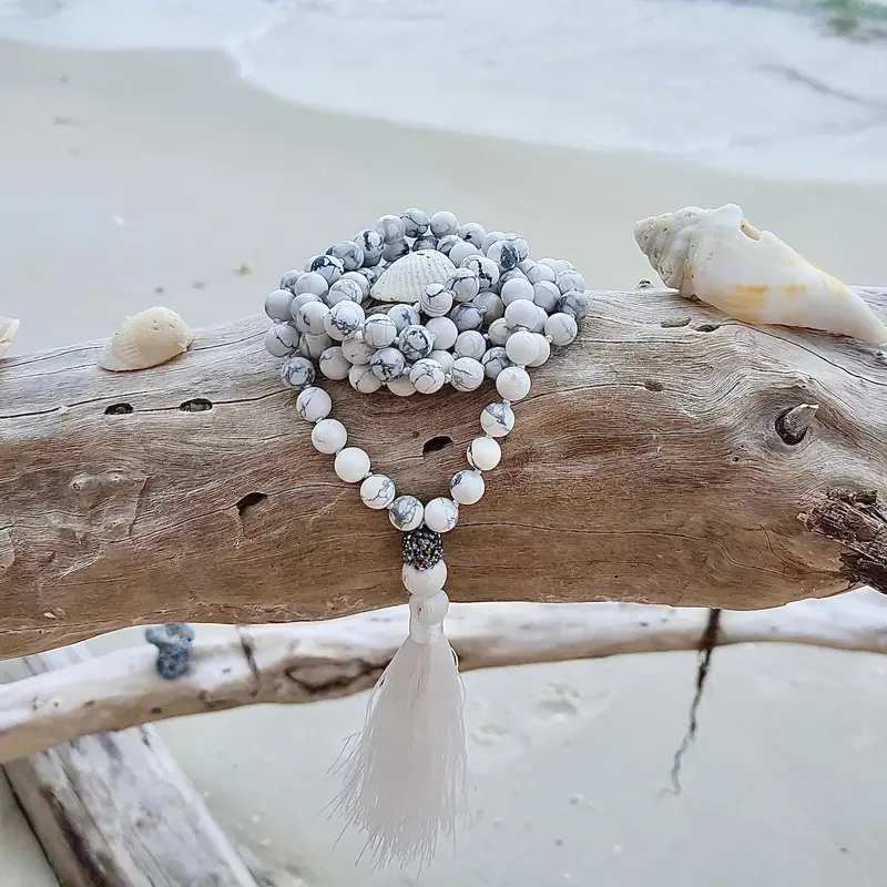 Natural Howlite Stone Mala 108 Beads Knot with Silver Tassel. Jewelry, Calming Third Eye Crystals. Meditation Beads. Roxxy Cr...