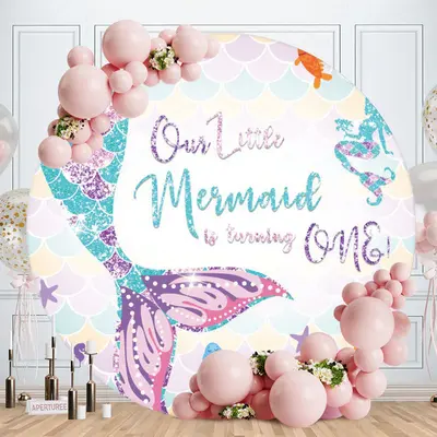 Aperturee Little Glitter Mermaid Round 1st Birthday Backdrop