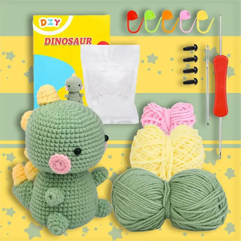 Dinosaur Crochet Kit, Polyester, Crochet Hook, Instruction Video, Dinosaur Crochet Kit for Beginners DIY Crafts Dinosaur Kit ...