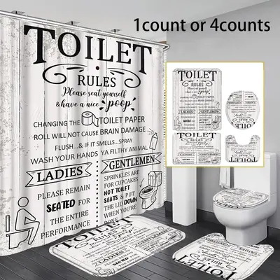 Bathroom Decor Set, 4 Counts Letter Pattern Shower Curtain & Bath Mat & U-shaped Rug & Toilet Lid Mat Set Or 1 Count Shower C...