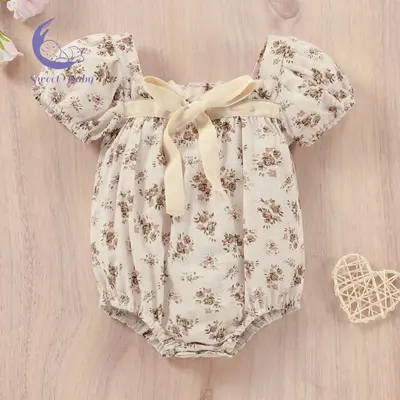 Baby Romper/ Dress, Flower Print Square Neck Short Sleeve Bodysuit/  for Summer Cloth Cozy Cotton Casual Cute baby boy clothe...