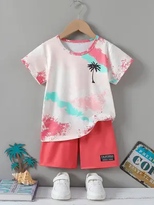 Two-piece Set Boy's All Over Print Tee & Shorts Set, Casual Short Sleeve T-shirt & Shorts, Kids Summer Clothes for Daily Wear...