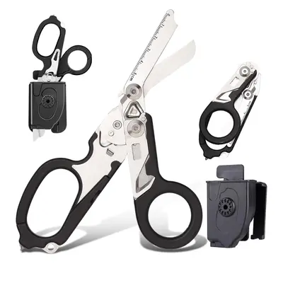 6 in 1 Outdoor Tactical Scissor Tools with Strap Cutter & Glass Breaker-Foldable Medical Emergency Shears with Compatible Hol...