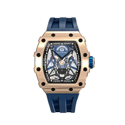 TSAR BOMBA Elemental Series Gold Blue Luxury Men's Automatic Watch 閳ワ拷Skeleton Mechanical Dial, Stainless Steel Bezel, ...