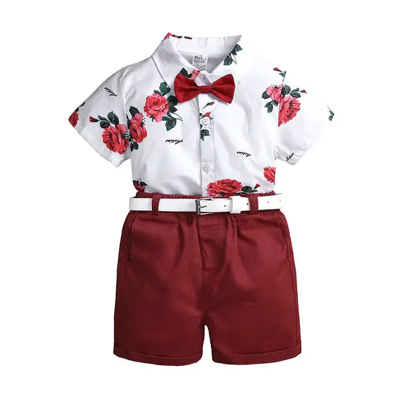 2024 Summer Kids Boy Clothes Set Short Sleeve Button Down Rose Print Shirt+Shorts Suit Children Gentlemen Casual Outfits Part...