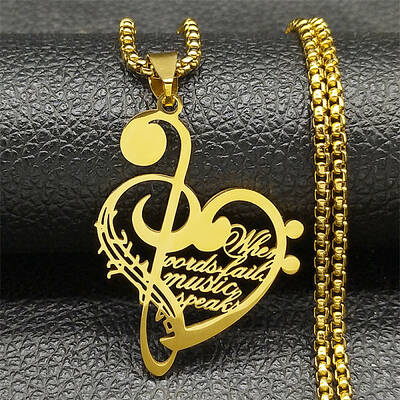 304 Stainless Steel Musical Note Heart Quote Pendant Necklaces