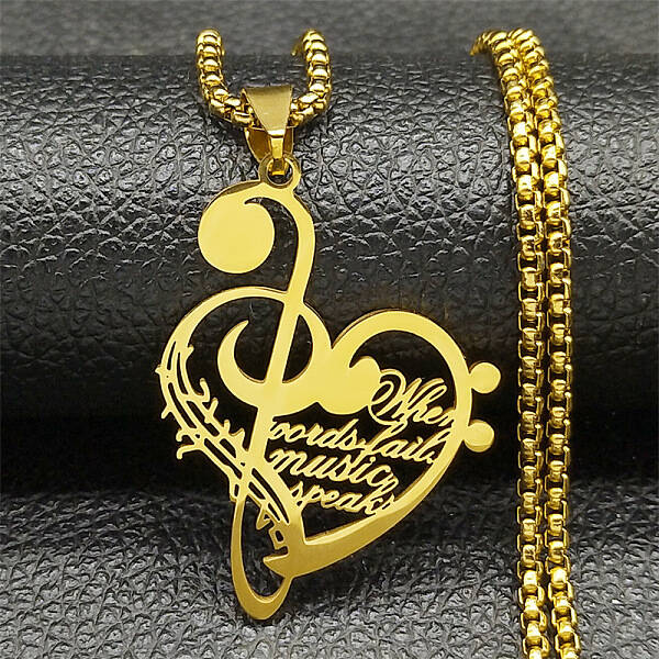 304 Stainless Steel Musical Note Heart Quote Pendant Necklaces