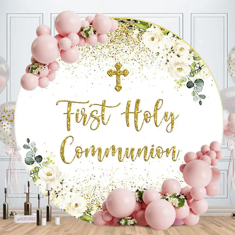 Aperturee Cross First Holy Commnion Floral Baptism Backdrop | Circle Party Backdrop | Circular Birthday Backdrop Cover | Roun...