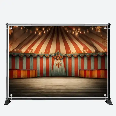 Circus Mill Tent Red Stripes Light Birthday Backdrop - Aperturee
