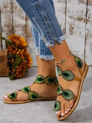 Peacock Feather Embroidery Design Sandals, Boho Style Casual Slip on Flat Sandals for Beach Vacation, Fashion Toe Ring Flat R...