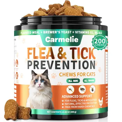 Carmelie Flea & Tick Support Treats for Cats β 200 Soft Chicken-Flavored Bites, Natural Pet Treats & Cat Snacks for Daily U...