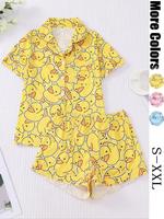 Women's Duck Print Shirt & Elastic Waist Shorts Pajama Two-piece Set, Casual Comfy Short Sleeve Top & Shorts Loungewear Set, ...