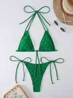 Women's Plaid Pattern Tie Back Bikinis Set, Women's Swimsuits, Casual Halter Triangle Swim Top & Tie Side Swim Bottom, Swimsu...