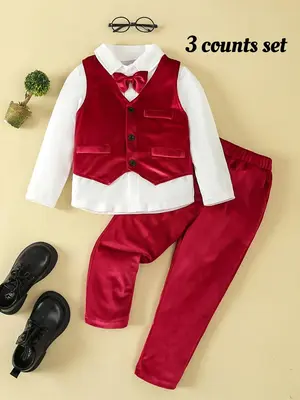 Three-piece Set Boy's Solid Button Front Shirt & Velvet Vest & Elastic Waist Pants (with Tie), Fashion Long Sleeve Outfits fo...