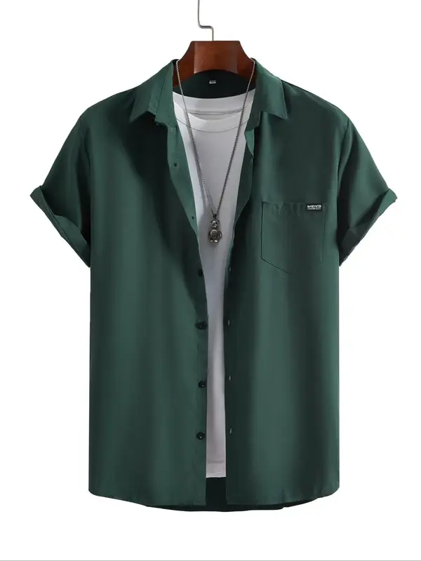Men's Loose Button Front Patched Pocket Shirt, Trendy Casual Short Sleeve Collared Top, 2024 New Trendy Men's Summer Clothes�...