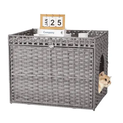 Garvee Handwoven Rattan Cat Litter Box Cabinet – Large Covered Enclosure with Removable Mat and Fence – Stylish Hidden Li...