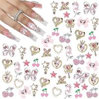 3D Cherry & Heart & Butterfly & Star & Bow Design Nail Art Charms, 24pcs/set Glitter Rhinestone Nail Decorations, DIY Nail Ar...
