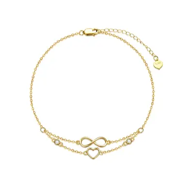 14K Gold Cubic Zirconia Heart Infinity Symbol Multi-layered Charm Anklet
