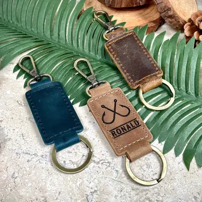 Fishing Leather Keychain with Heavy Duty Ring & Clasp , Real Leather, Same Day Shipping, Free Shipping US