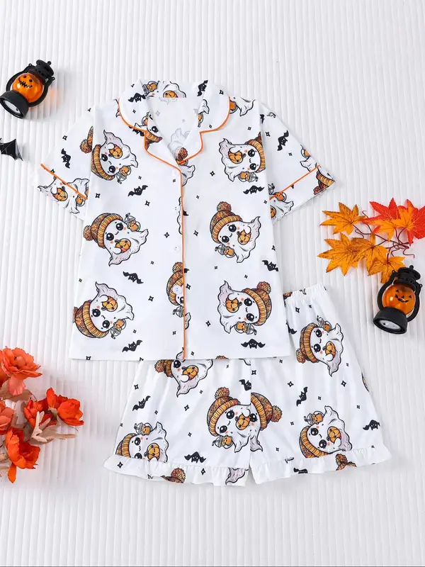 Halloween Children's Pajamas 2-Piece Set; Cute Ghost Bat Print Children's Pajamas for Girls, New Thin Sleeve Shorts 2-Piece S...