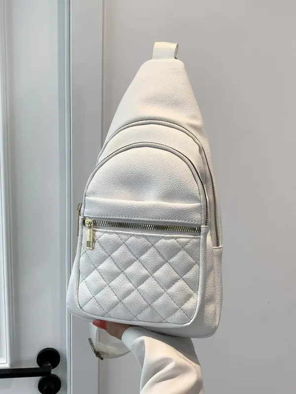 Women's PU Leather Sling Bag, Fashionable Quilted Design Zipper Shoulder Bag For Work & Daily Used