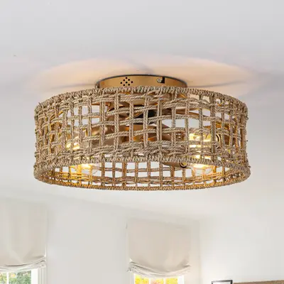 18 Inch Golden Farmhouse Rattan Flush Mount Ceiling Fan with Light APP and Remote Control