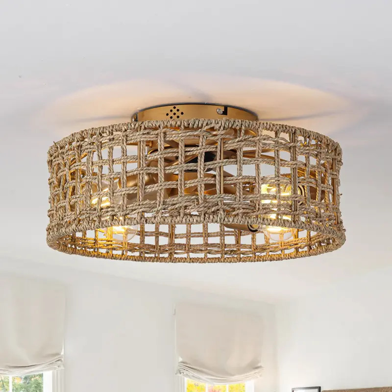 18 Inch Golden Farmhouse Rattan Flush Mount Ceiling Fan with Light APP and Remote Control