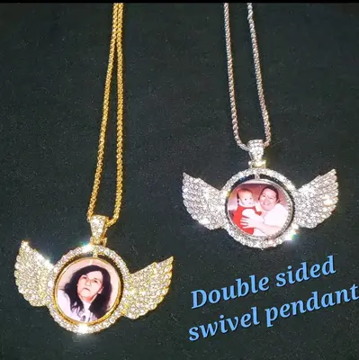 Custom photo memorial winged pendant with necklace double sided swivel keepsake Custom picture pendant necklace with free cha...