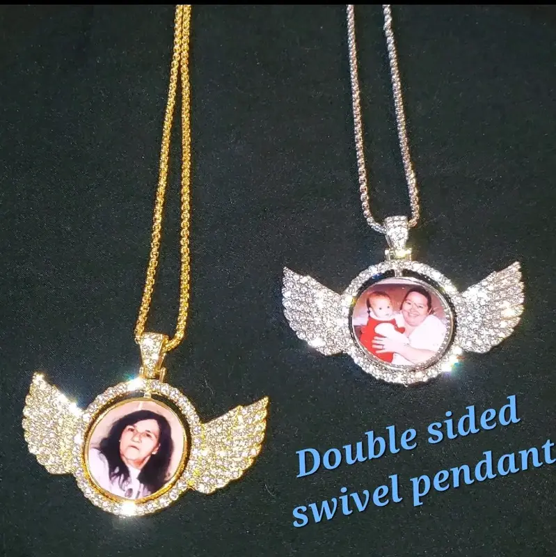 Custom photo memorial winged pendant with necklace double sided swivel keepsake Custom picture pendant necklace with free cha...
