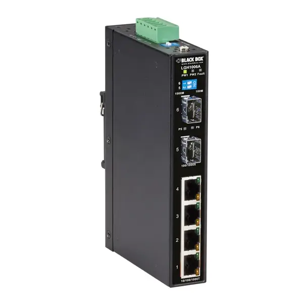 Black Box LGH1006A | LGH1000 Series 4 x Ports 1000Base-T RJ45 + 2 x Ports 1000Base-X SFP Layer 2 Unmanaged Temperature Indust...