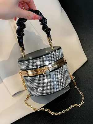 Women's 2025 Summer Minimalist Elegant Rhinestones & Chain Decor Ruched Handle Design Evening Bag for Party, Temperament All-...