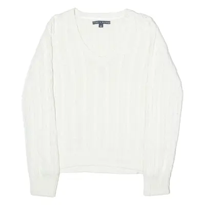 TOMMY HILFIGER Womens Jumper White V-Neck Cable Knit L
