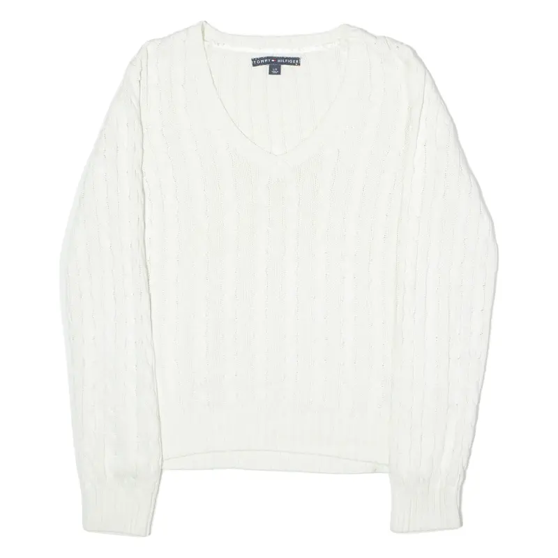 TOMMY HILFIGER Womens Jumper White V-Neck Cable Knit L
