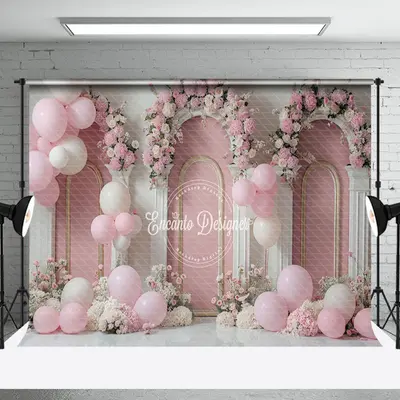 White Pink Floral Balloons Cake Smash Photo Backdrop - Aperturee