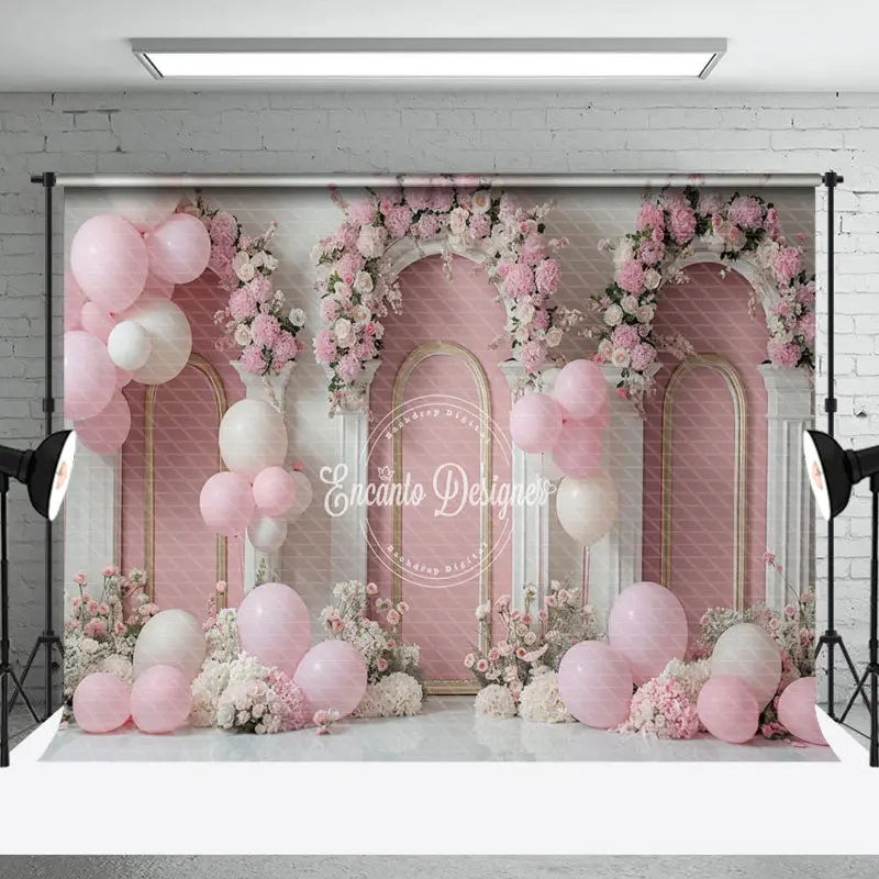 White Pink Floral Balloons Cake Smash Photo Backdrop - Aperturee