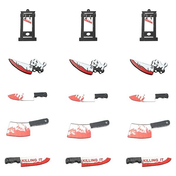 15Pcs 5 Styles Halloween Printed Opaque Acrylic Pendants