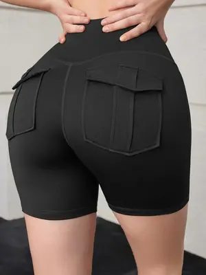 Women's Plain High Waist Flap Pocket Sports Shorts, Gym Shorts, Sporty Casual Comfy Breathable Skinny Bottoms for Yoga Gym ...
