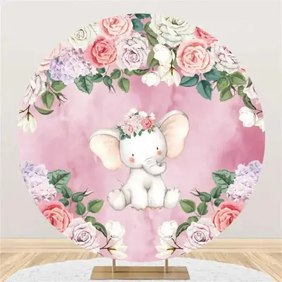 Pink Floral Elephant Leaf Round Baby Shower Backdrop - Aperturee