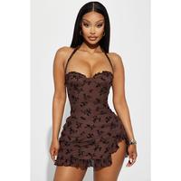 Julia Flocked Mini Dress - Chocolate