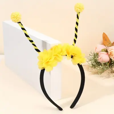 1pc Adorable Bee-Themed Headband for Girls - Yellow & Black Striped Antennae with Fluffy Pom-Poms, Multicolor Polyester Hair ...