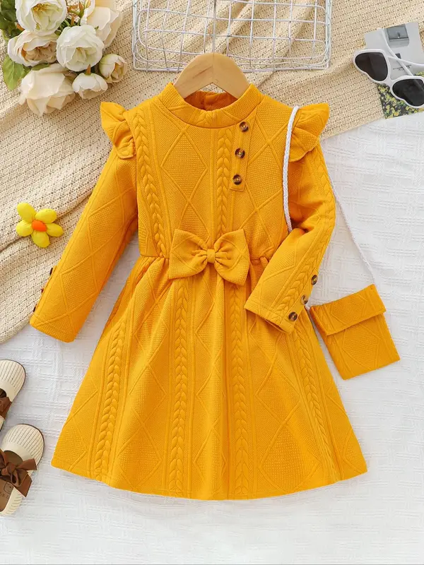 Toddler Girl's Solid Bow Decor Layered Sleeve Mock Neck Dress with Bag, Casual Ruffle Long Sleeve A Line Dress for Spring &...