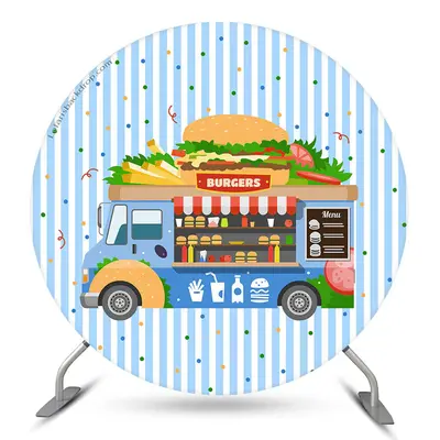Aperturee Blue Food Truck Burgers Round Birthday Backdrop | Circle Backdrops For Birthday | Round Backdrop Fabric Cover | Rou...