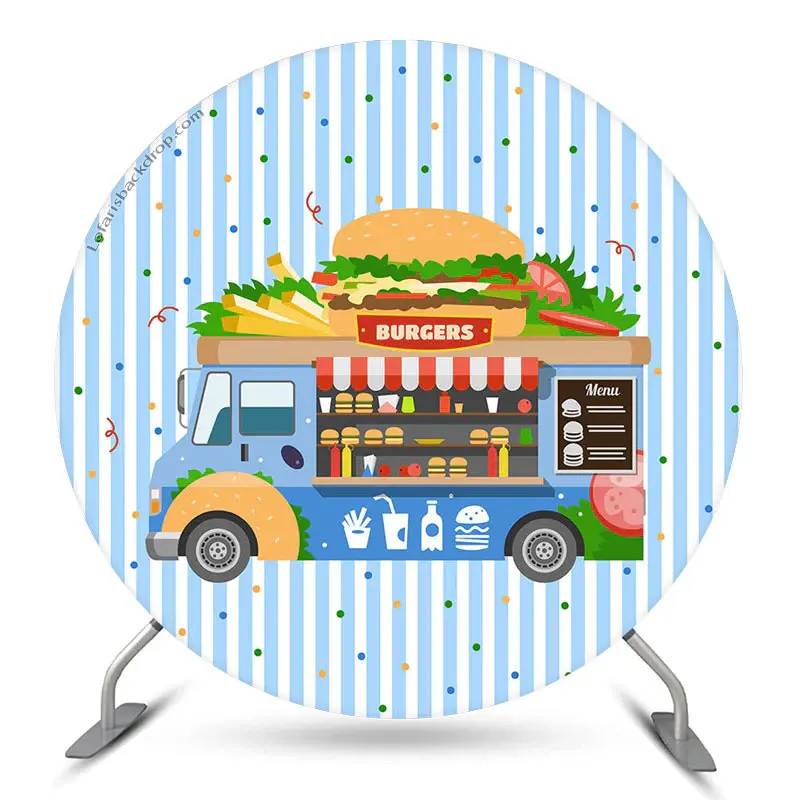 Aperturee Blue Food Truck Burgers Round Birthday Backdrop | Circle Backdrops For Birthday | Round Backdrop Fabric Cover | Rou...