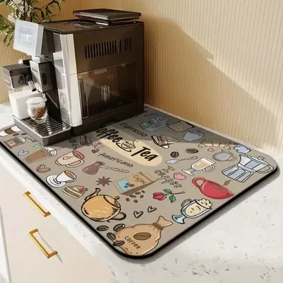 Coffee Machine Pattern Dish Drying Mat, 1 Piece Absorbent Countertop Mat, Kitchen Absorbent Pad