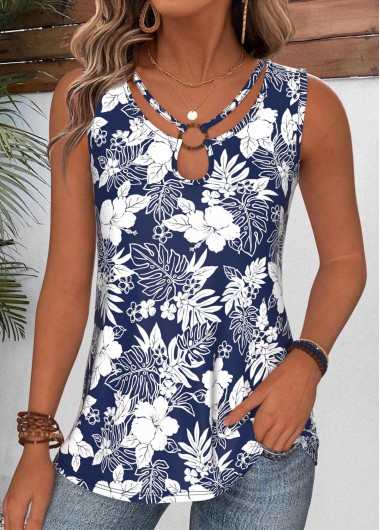 Modlily Navy Tummy Coverage Floral Print Sleeveless Tank Top - XL