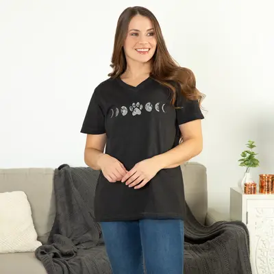 Paw Print Moon Acid Wash V-Neck Tee - S