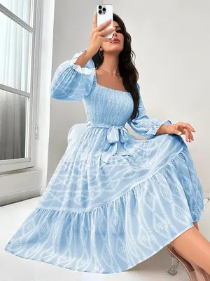 Women's Ethnic Pattern Belted Shirred Vintage Dress, Women's Clothing, Dresses for Women, Ruffle Hem Dress for Lady, Back To ...