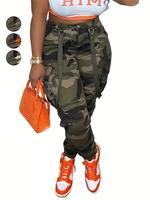 Women's Camo Print Flap Pocket Cargo Pants, Casual Streetwear Button Trousers for Daily Wear, Ladies Camouflage Printed Pocke...